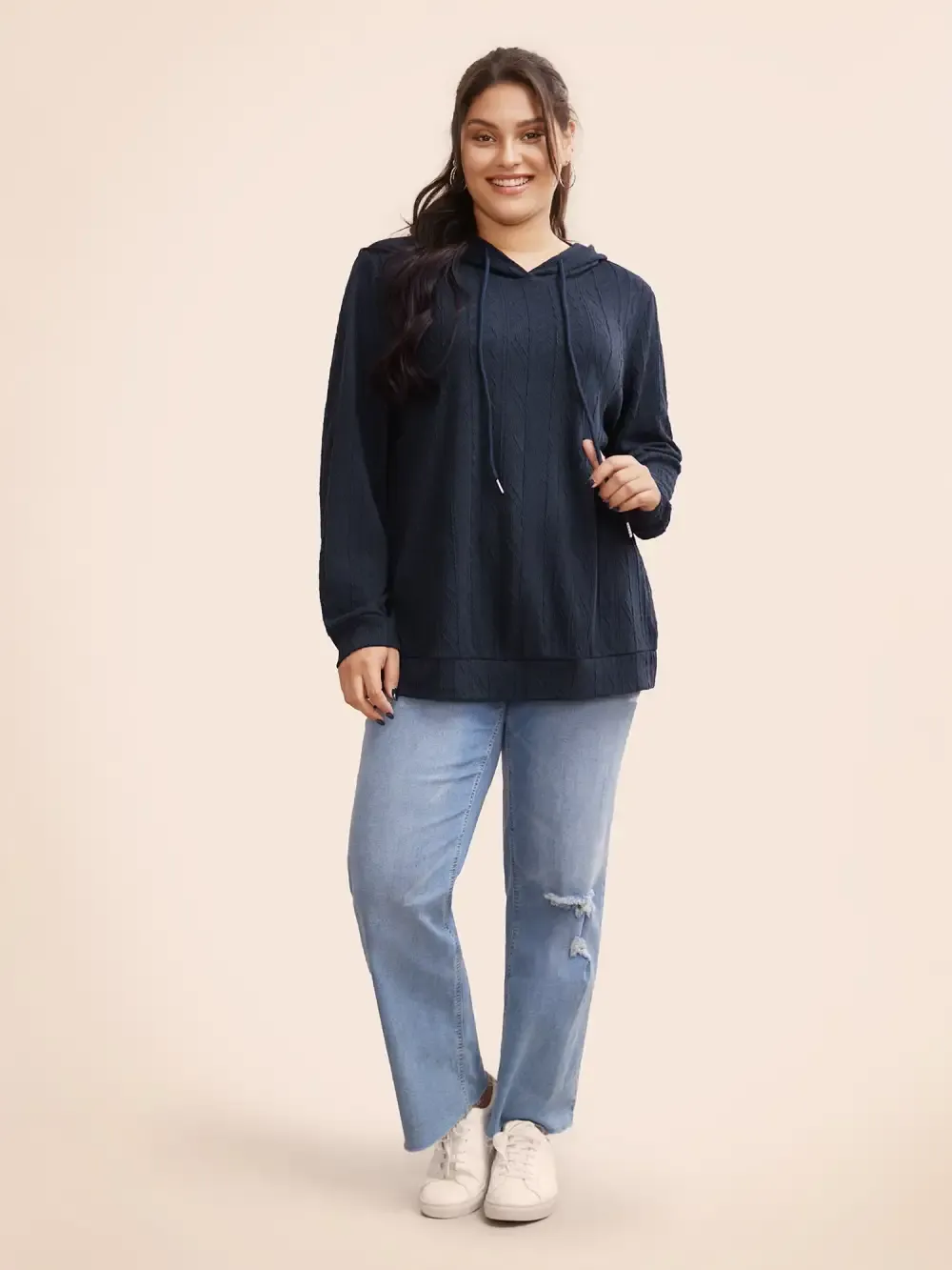 Plain Textured Hooded Drawstring Sweatshirt