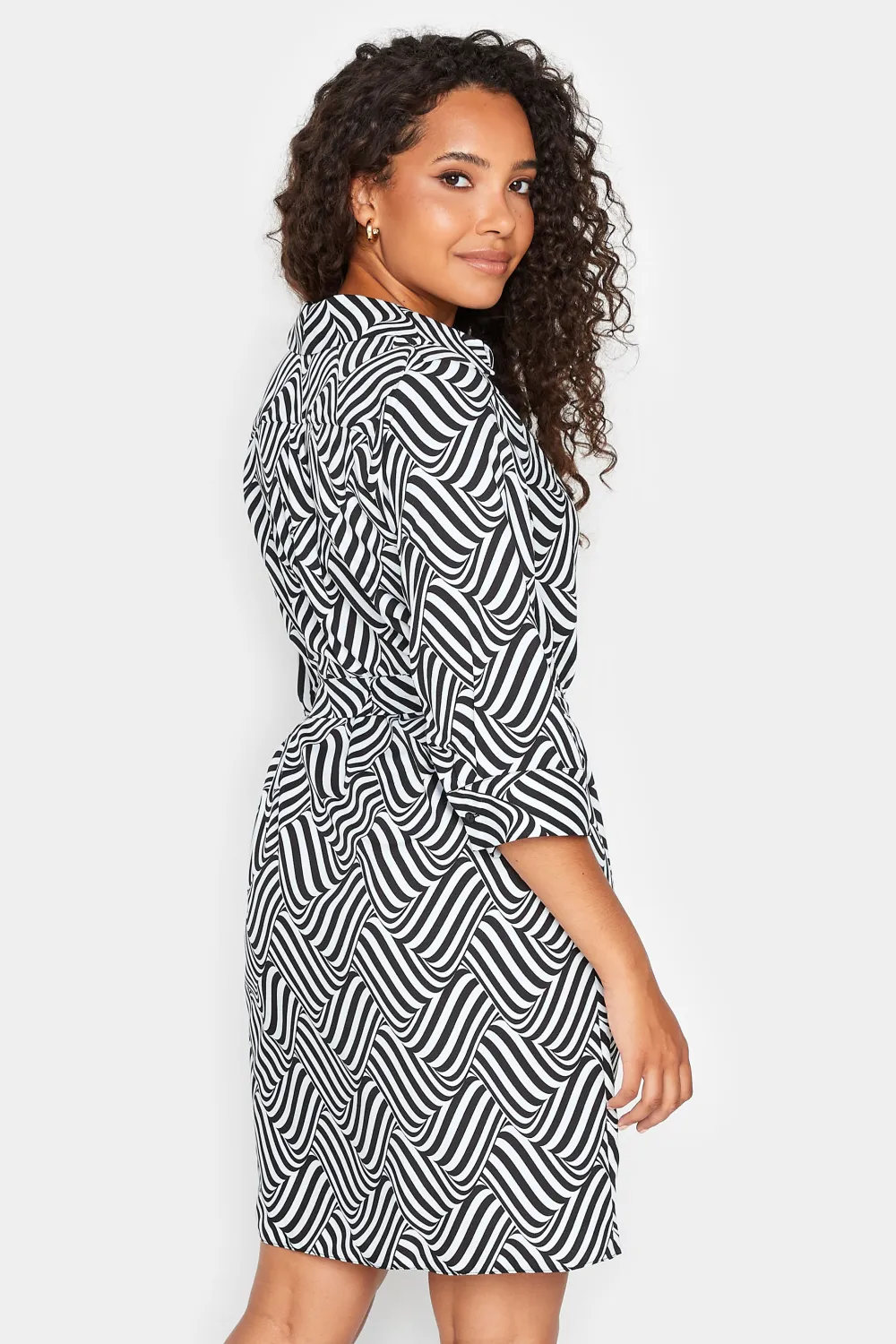 M&Co Black Geometric Print Tie Waist Shirt Dress