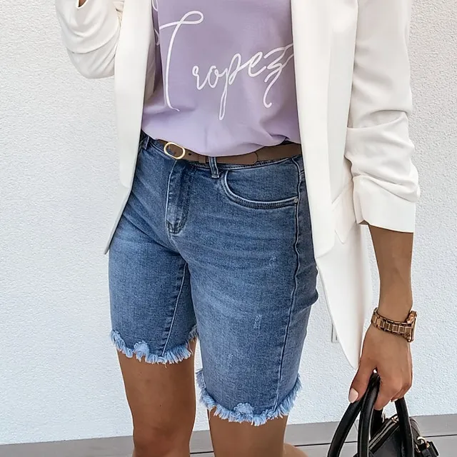 Women's Jeans Distressed Jeans Denim Blue Mid Waist Fashion Casual Weekend Tassel Fringe Side Pockets Micro-elastic Knee Length Comfort Plain S M L XL XXL