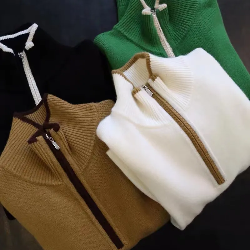 Stand Collar Zip Colorblock Loose Fashion Sweater