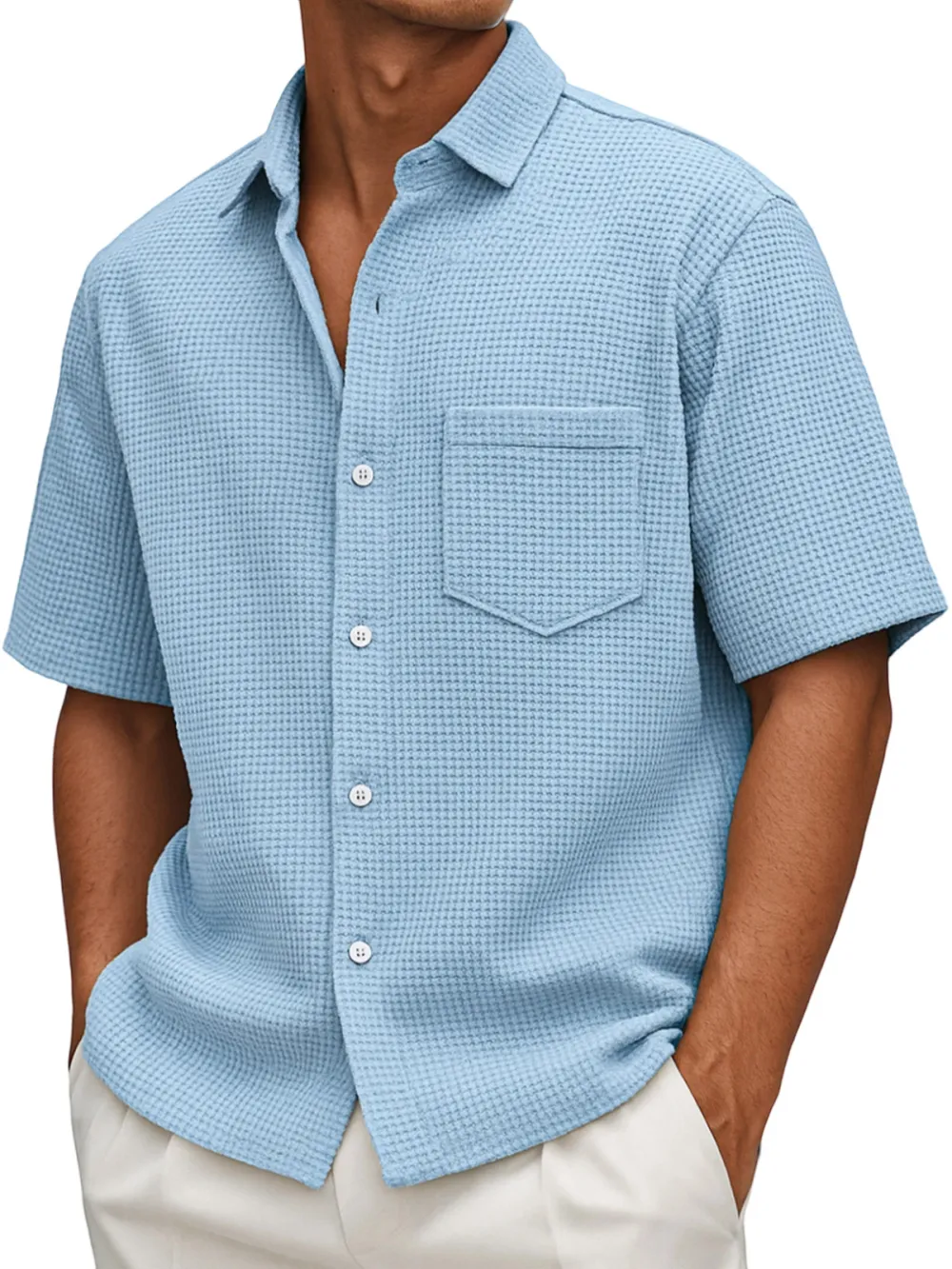 Men's Loose Casual Waffle Solid Color Button Short Sleeve Shirt