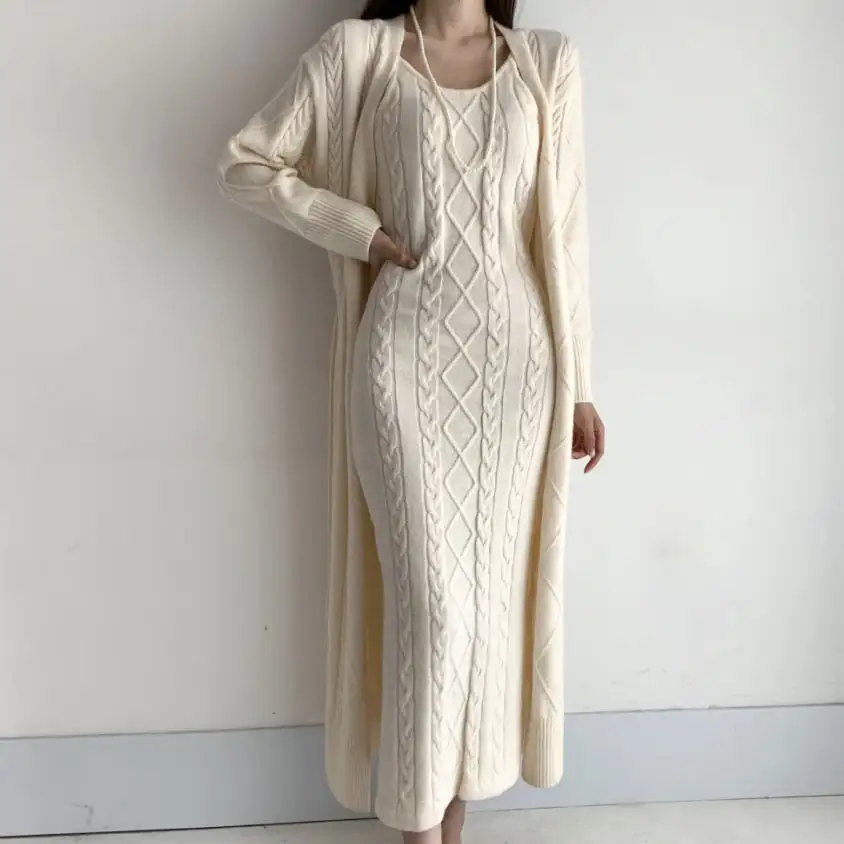 2023 Fashion Women Sweater Suits - Solid Color Long Cardigan Sweater + Knitted Suspender Dress Two-Piece Sets