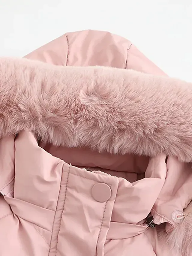 Women's Parka Puffer Jacket Winter Coat Thermal Warm Heated Coat with Removable Fur Collar Drawstring Zip up Hooded Coat Fall Outerwear with Pockets Classic Long Sleeve Light Blue Pink Black