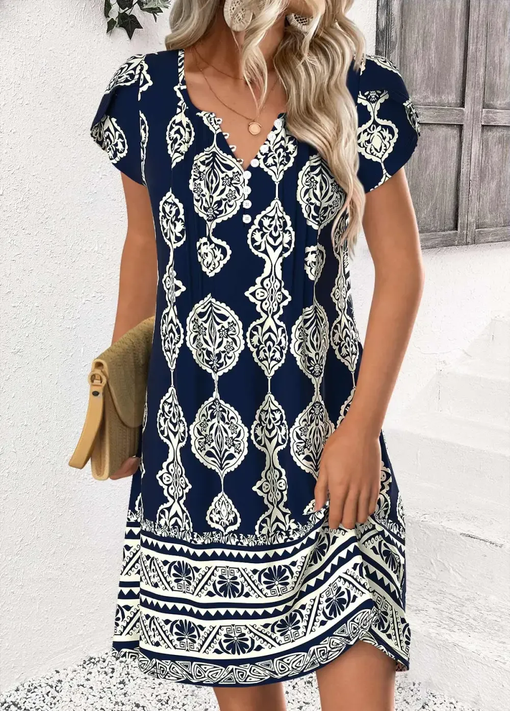 Navy Tribal Print Short Split Neck Dress