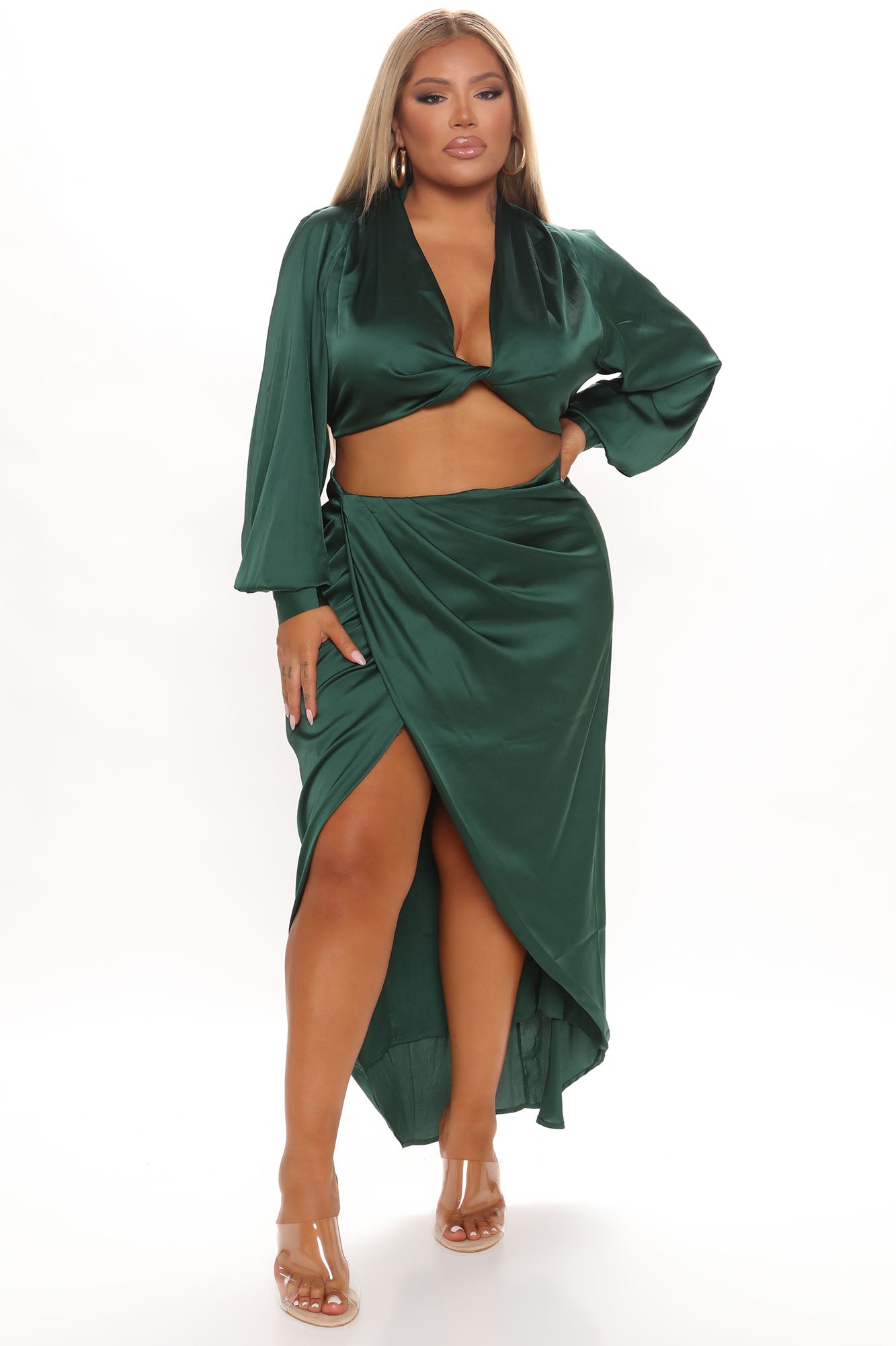 Love Again Satin Skirt Set - Emerald