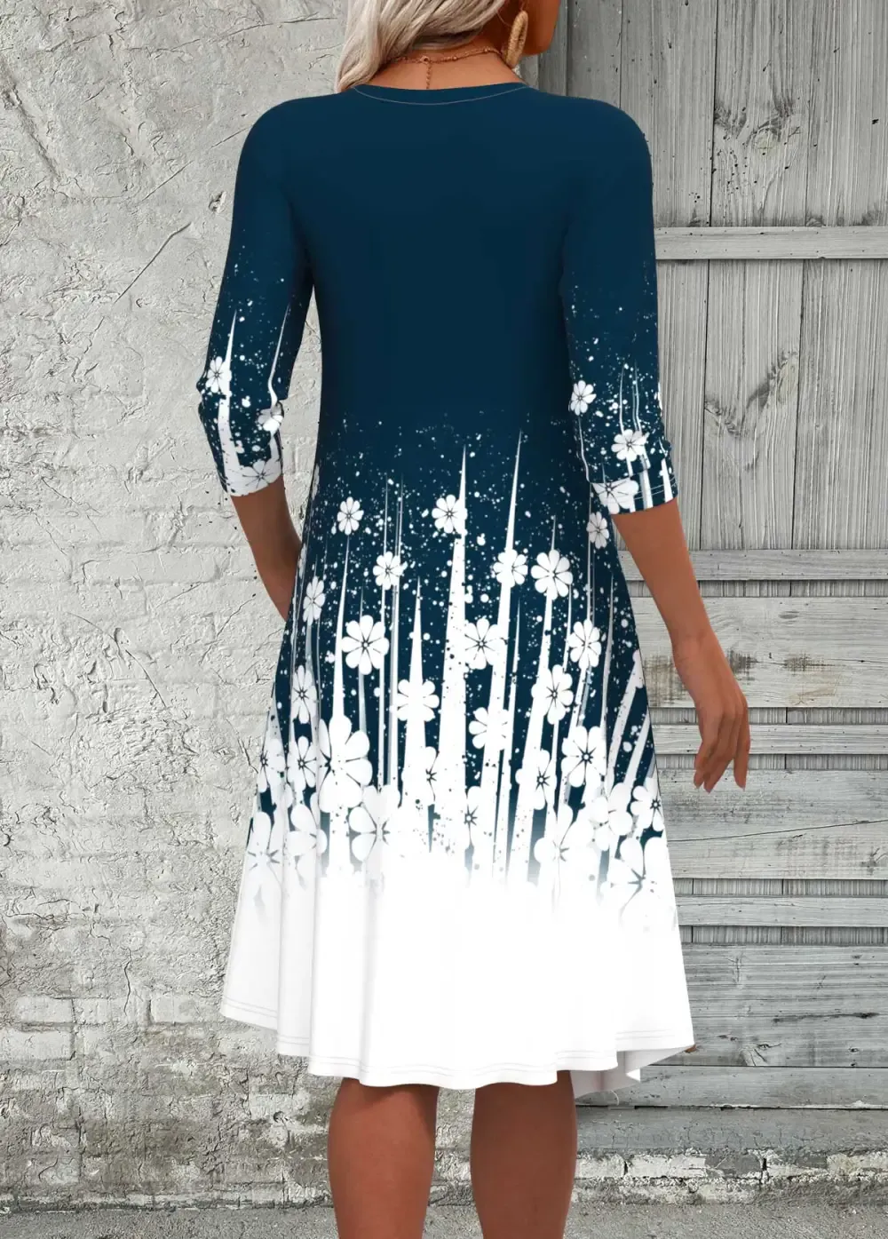 Peacock Blue Fake 2in1 Floral Print A Line Dress
