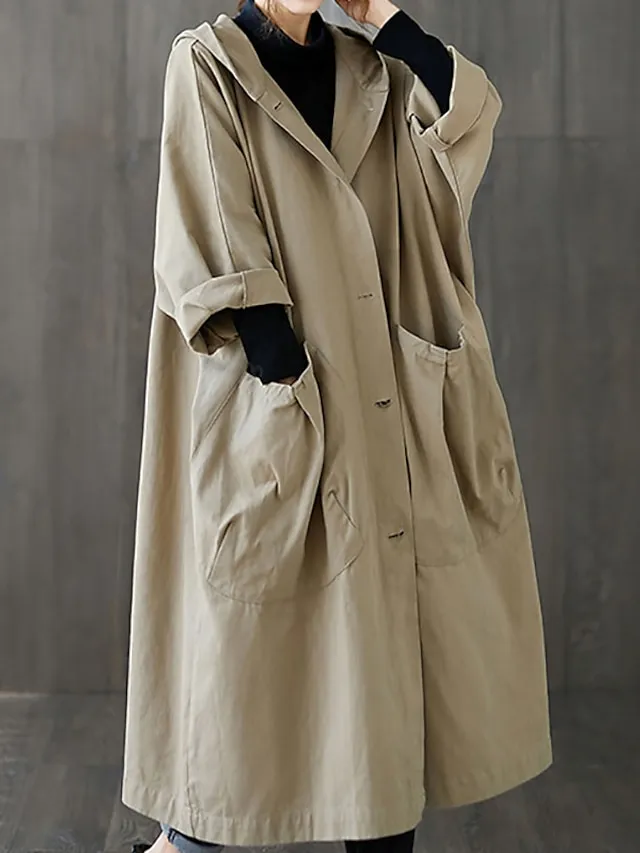 Women's Trench Coat Daily Fall Long Coat V Neck Regular Fit Warm Casual Jacket Long Sleeve Solid Color Quilted Black Khaki