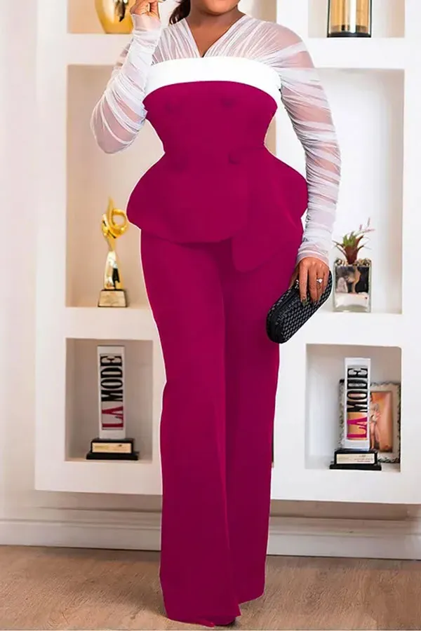 Colorblock Sheer Mesh Patchwork Peplum Pant Set