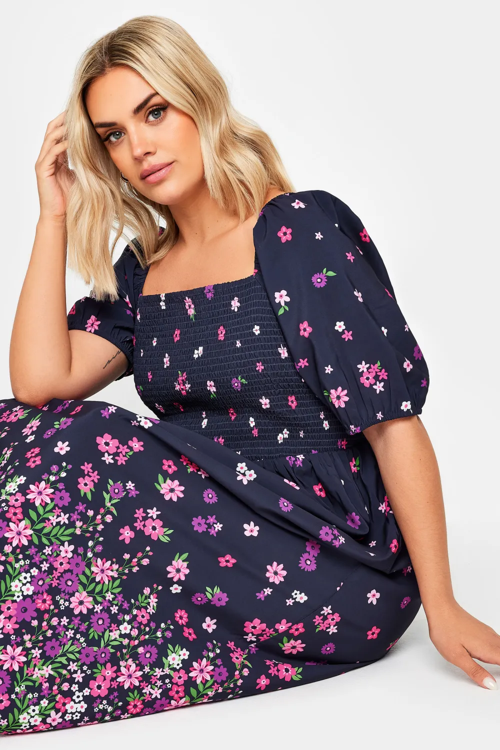YOURS Curve Black Floral Print Shirred Midi Dress