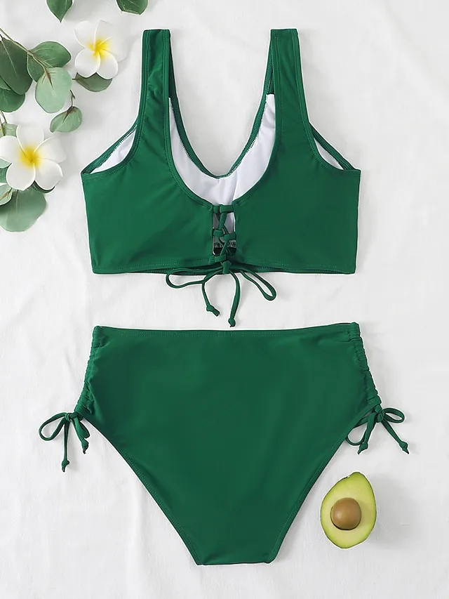 Women's Swimwear Bikini 2 Piece Normal Swimsuit Pleated 2 Piece High Waist Open Back Sexy Pure Color Black Red Fuchsia Green Padded V Wire Bathing Suits Sexy Vacation Stylish
