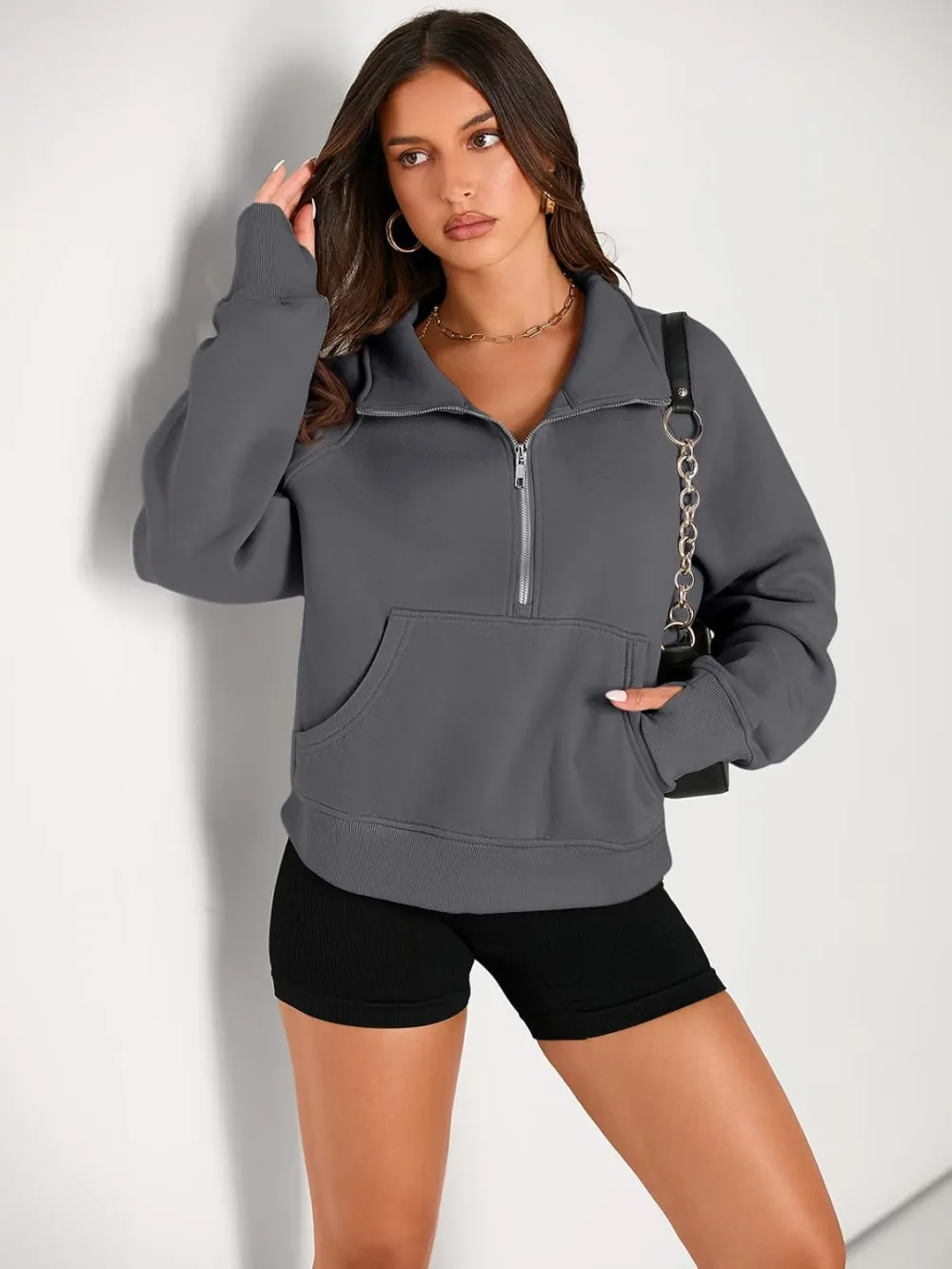Womens Sweatshirts Half Zip Cropped Pullover Fleece Quarter Zipper Hoodies Fall outfits Clothes Thumb Hole