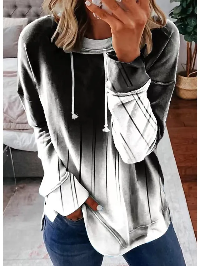 Women's Sweatshirt Pullover Sportswear Casual Drawstring Print Black Red Light Blue Gradient Loose Fit Casual Daily Round Neck Plus Size Long Sleeve Micro-elastic Fall & Winter