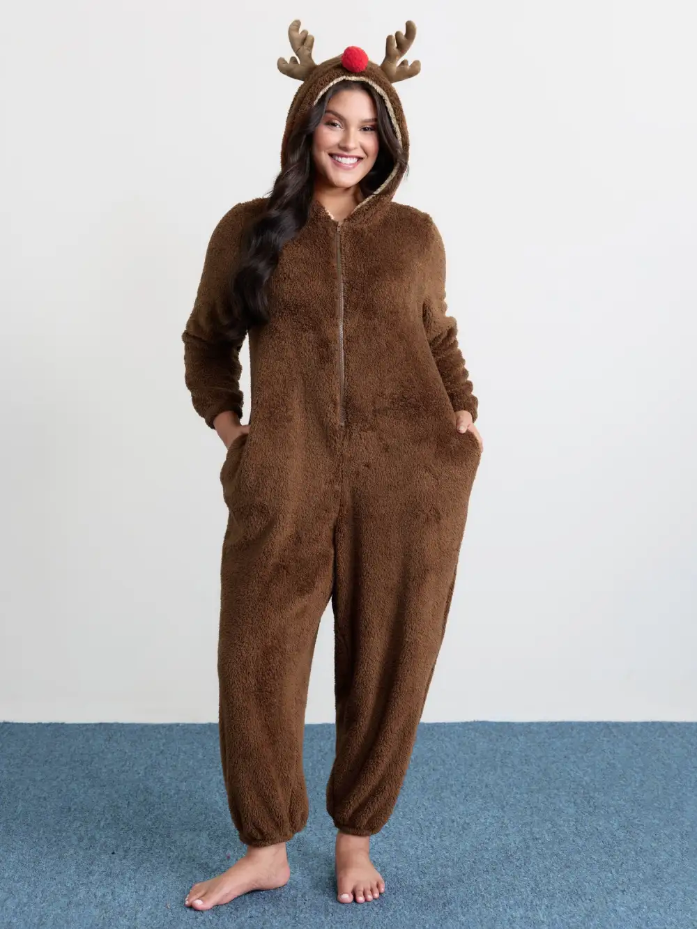 Supersoft Fluffy Reindeer Hoodie Sleep Jumpsuit