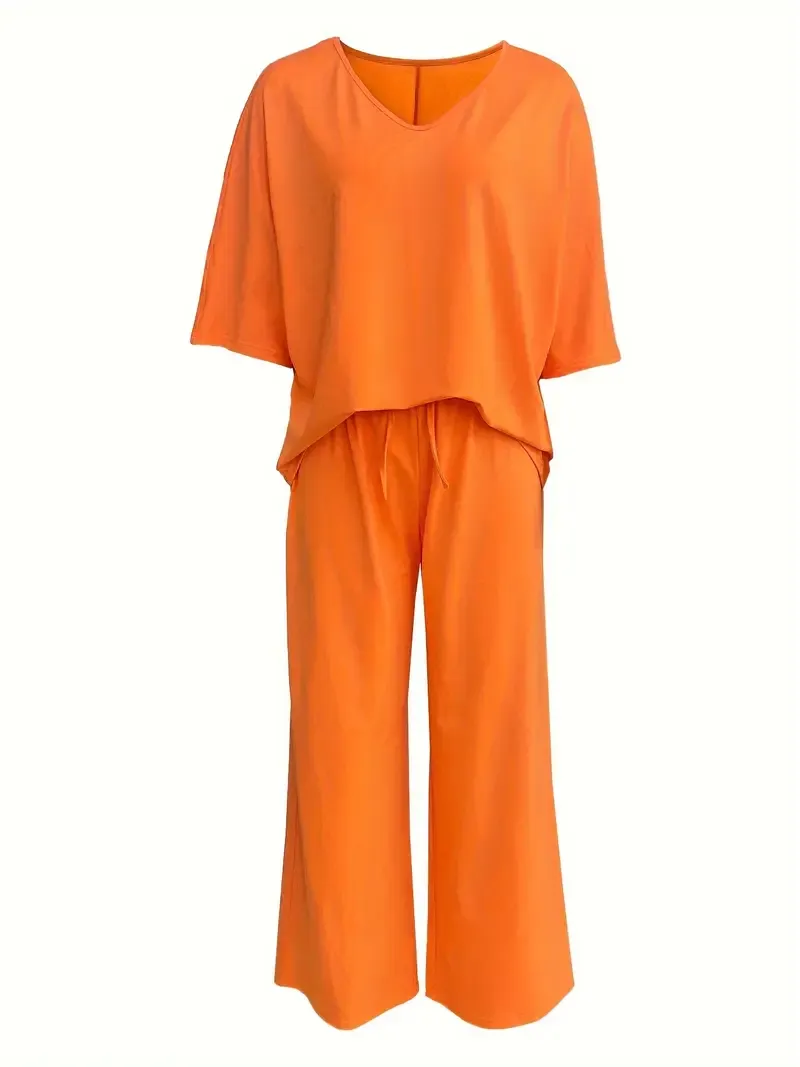 Casual Solid Color Pants Set, Half Sleeve V Neck Top & Wide Leg Pants Outfits,