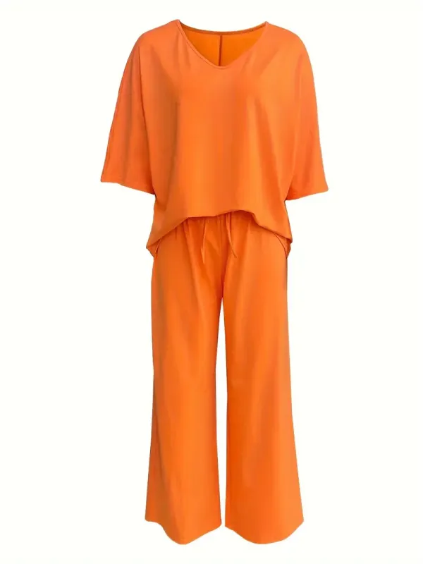 Casual Solid Color Pants Set, Half Sleeve V Neck Top & Wide Leg Pants Outfits,
