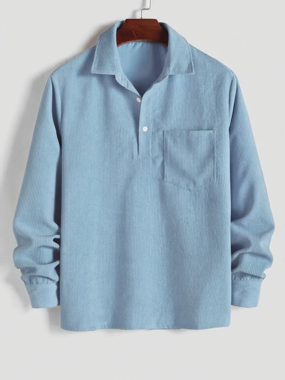 Men's Plain Pocket Half Button Corduroy Shirt, Casual Comfy Regular Fit Long Sleeve Collared Top For Fall & Winter