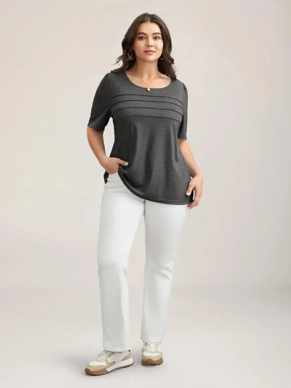 Seamed Round Neck Fitted T-Shirt