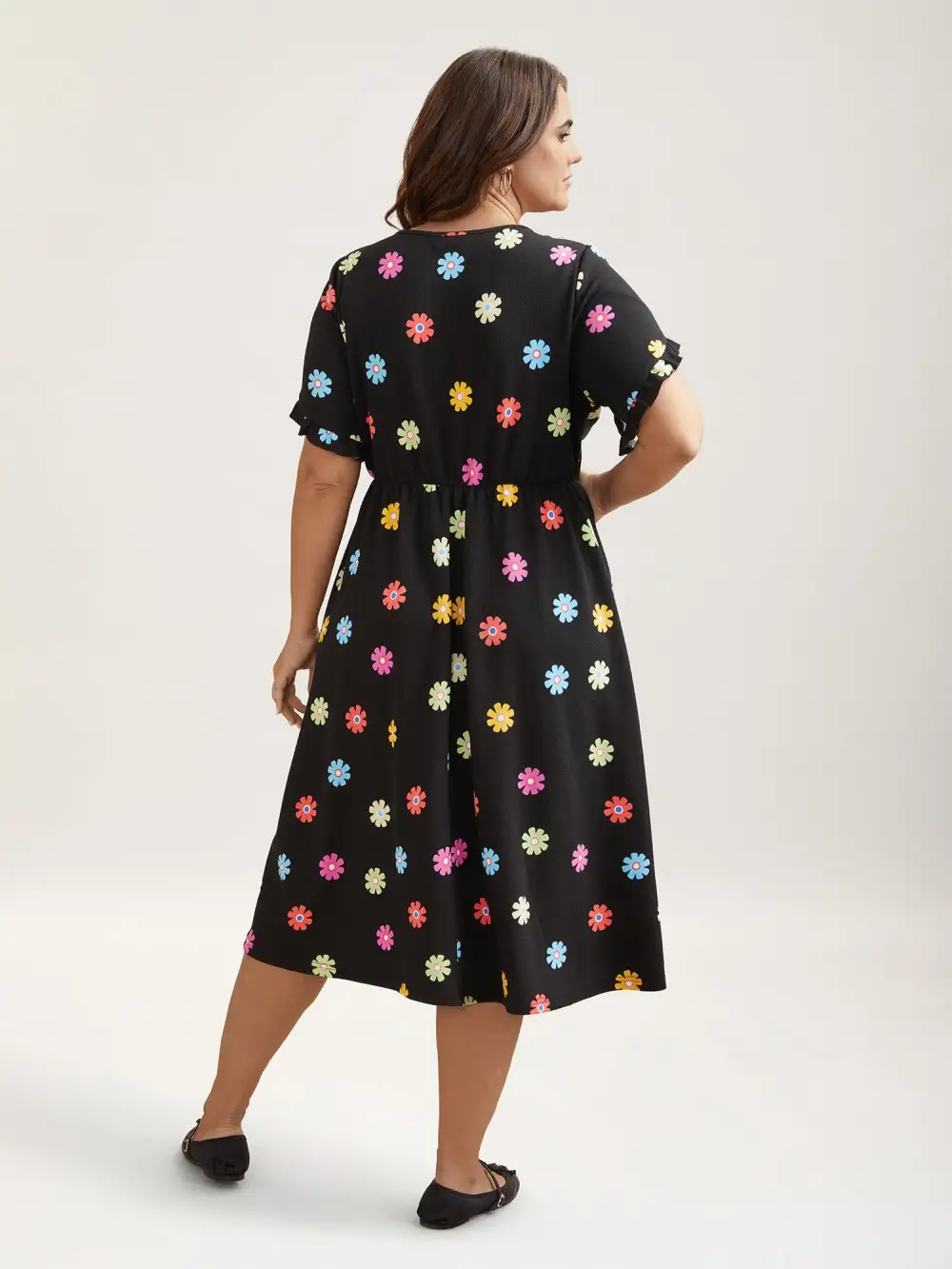 Stretchy-Waist Floral Print Pockets Midi Dress