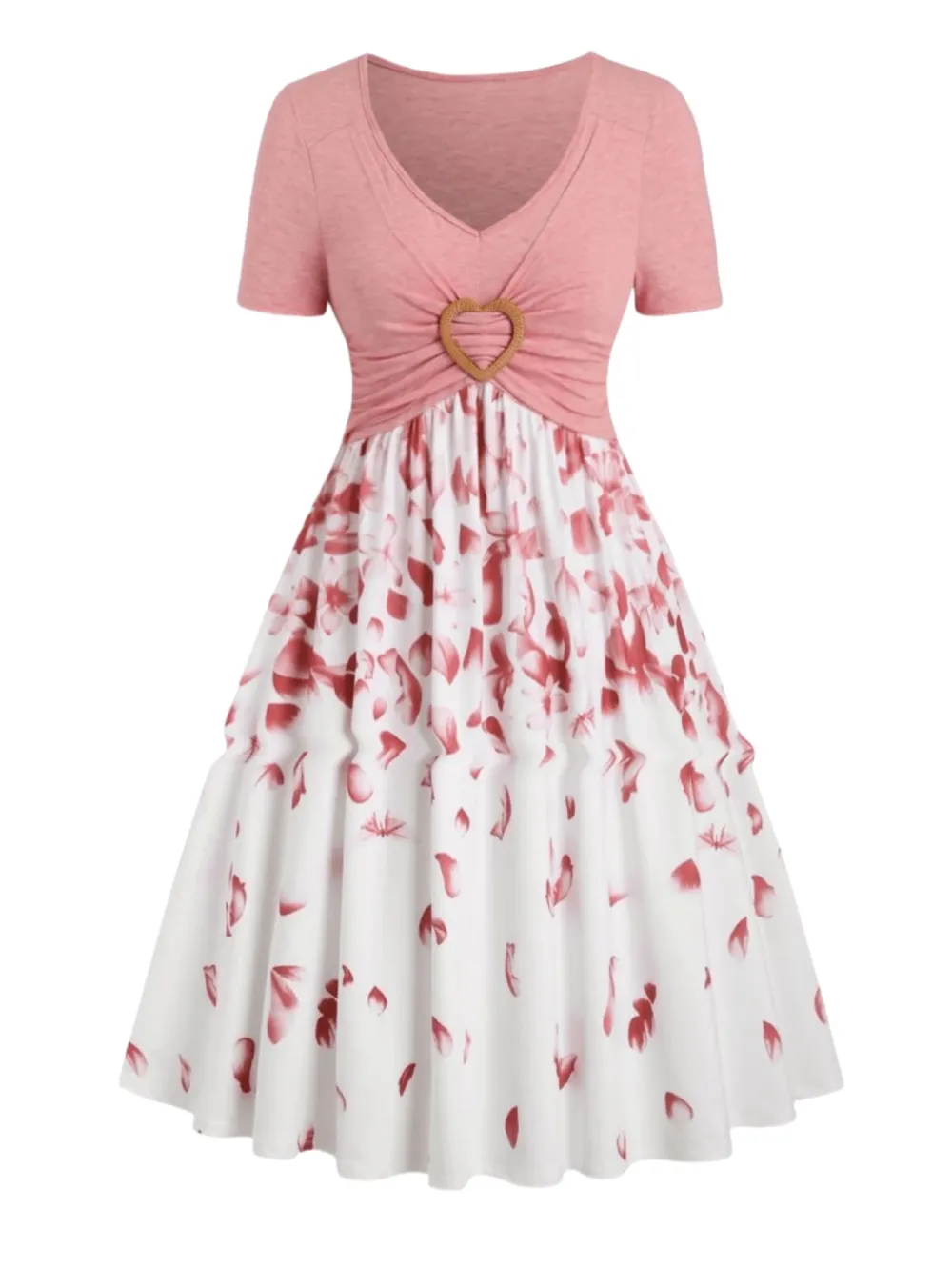 Women's Flower Print Heart Ring A-line Dress V-neck Short Sleeve Dress