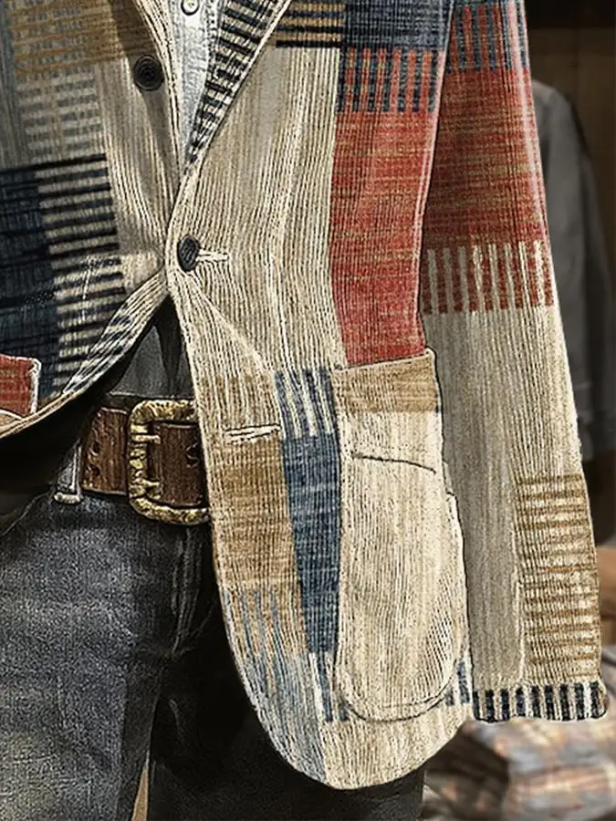 Men's Casual Retro Color Block Corduroy Jacket