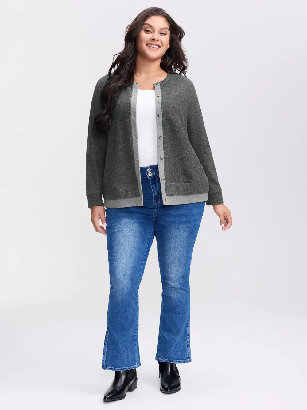 Ribbed Button Color Contrast Knit Top