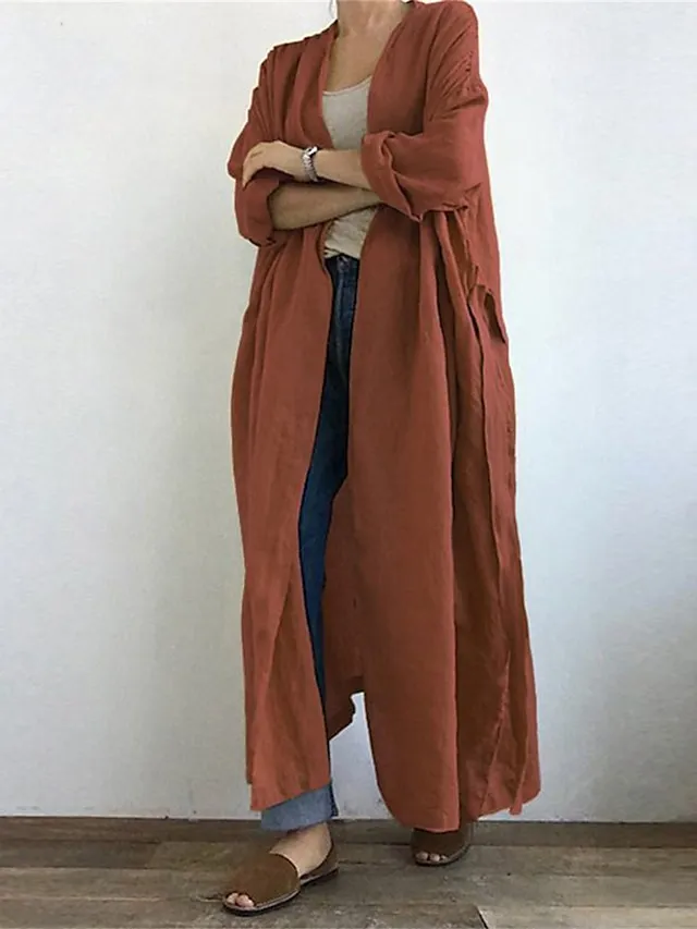 Women's Trench Coat Outdoor Pocket Plain Comfortable Fashion Regular Fit Outerwear Long Sleeve Summer Black S