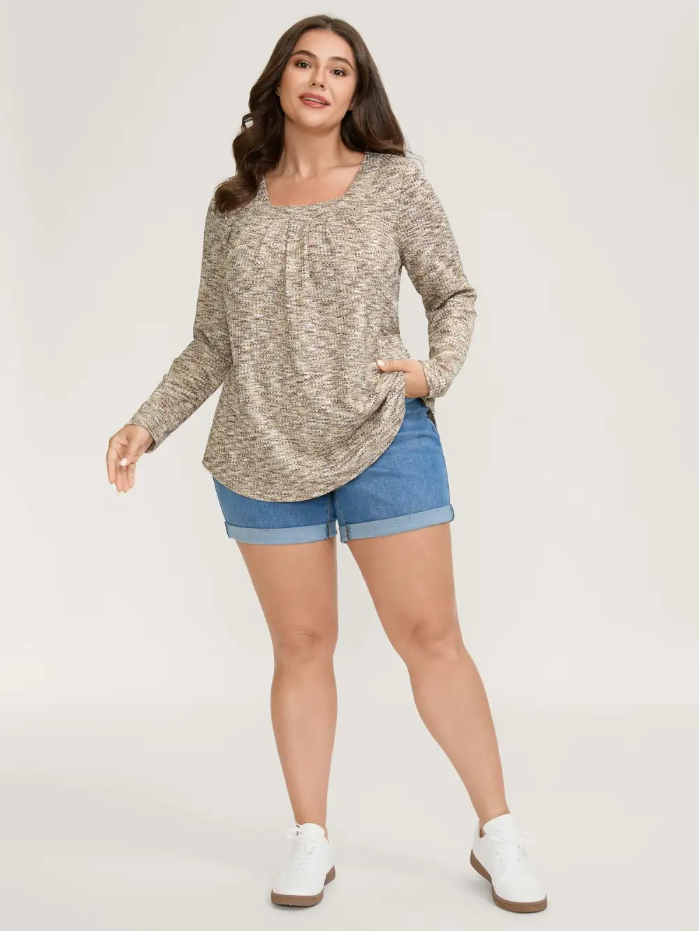 Textured Knit Pleated Neckline Top