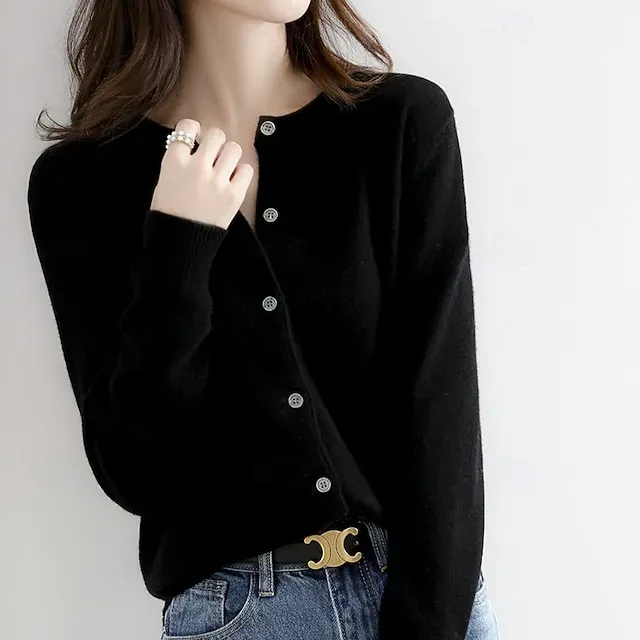 Women's Sweater Cardigan Streetwear Casual Solid Color Crew Neck Buttons Knitted Long Sleeve Regular Tops Knit Holiday Going out Weekend Black White Fall Winter