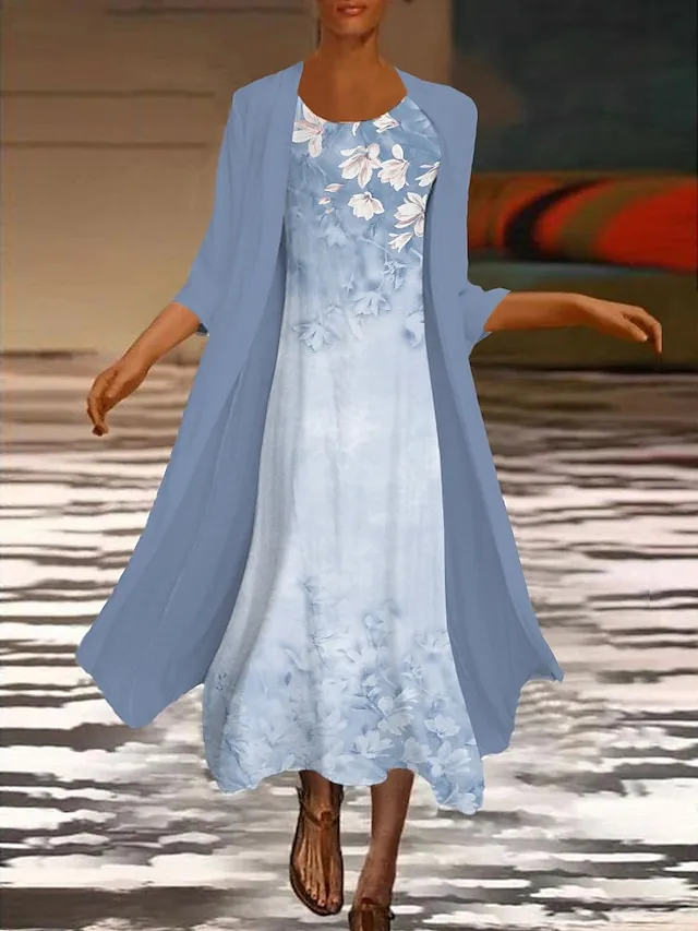 Women‘s Dress Set Two Piece Dress Midi Dress Green Blue Purple Pink White Long Sleeve Floral Ruched Print Summer Spring Fall Crew Neck Elegant Casual Classic 2023 S M L XL XXL 3XL / Summer Dress