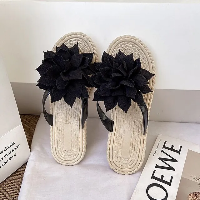 Women's Slippers Boho Bohemia Beach Outdoor Slippers Beach Slippers Outdoor Beach Solid Color Flower Flat Heel Elegant Casual PVC Loafer Black Pink Green