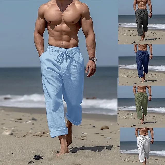 Men's Linen Pants Trousers Summer Pants Beach Pants Front Pocket Straight Leg Plain Comfort Breathable Casual Daily Holiday Linen / Cotton Blend Fashion Basic Black White