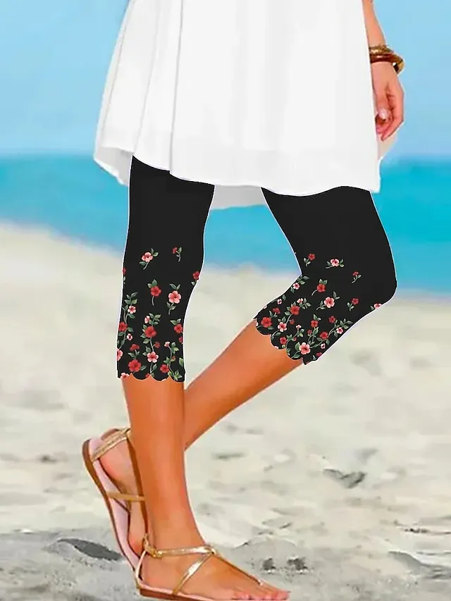 Women's Leggings Capri shorts Black White Pink Casual / Sporty Athleisure Weekend Yoga Print High Elasticity Calf-Length Tummy Control Floral S M L XL 2XL