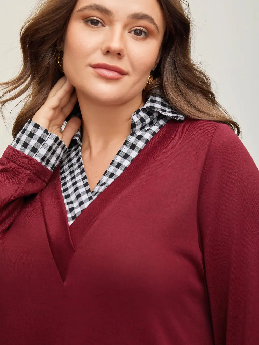 Gingham Patchwork Shirt Collar Arc Hem Sweatshirt