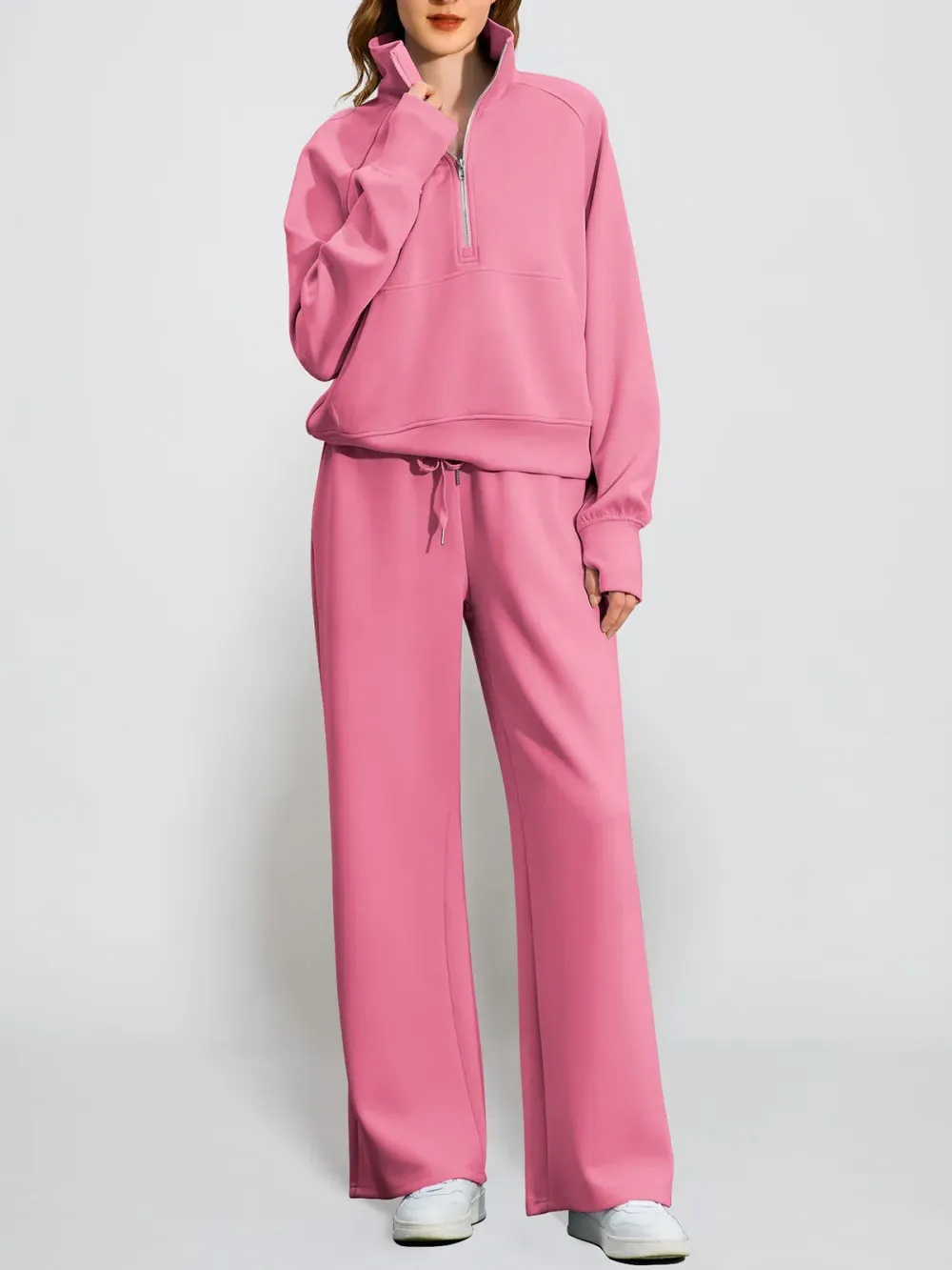 Women's Oversized Half Zip Wide Leg 2 Piece Outfits Lounge Set