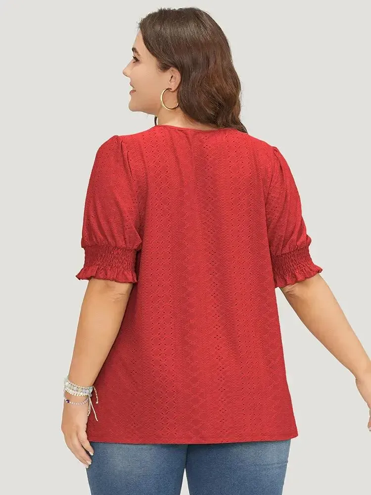 Plain Broderie Anglaise Shirred Puff Sleeve Button Detail T-shirt