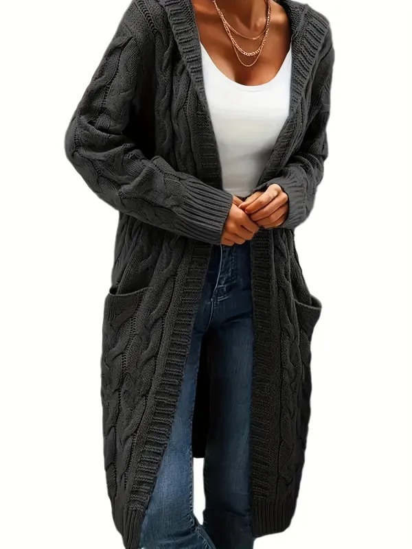 Cozy Long Sleeve Mid-Length Solid Color Cable Knit Hooded Cardigan - Soft Micro Elasticity Polyester, Casual Pocket Sweater for Women