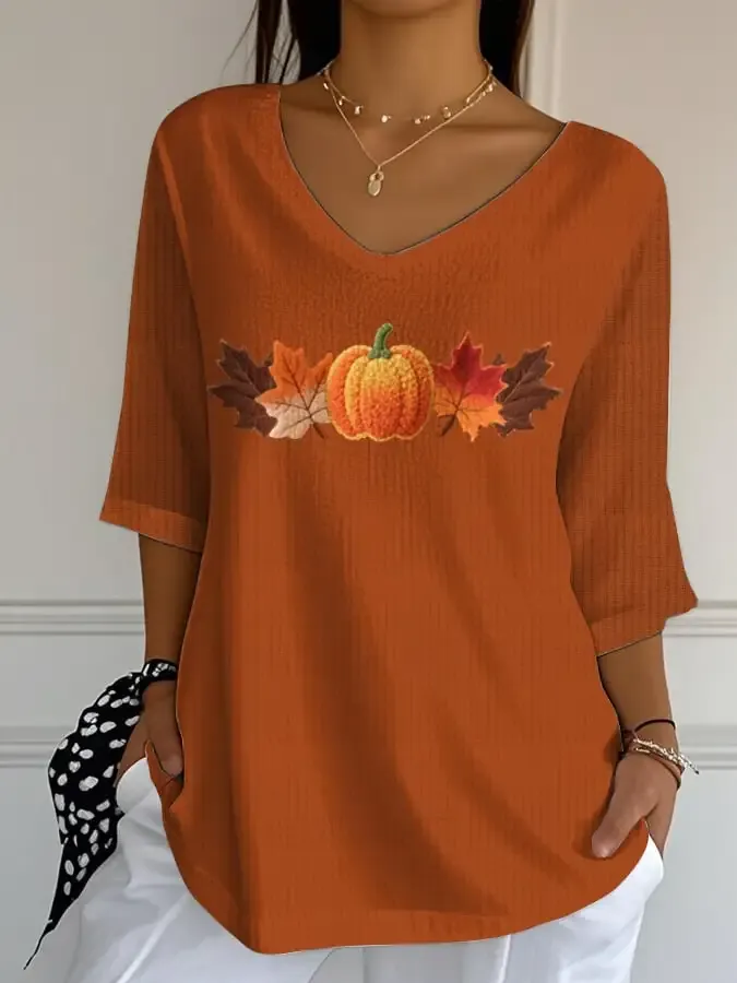 Women's Autumn Pumpkin Graphic Print V-Neck T-Shirt