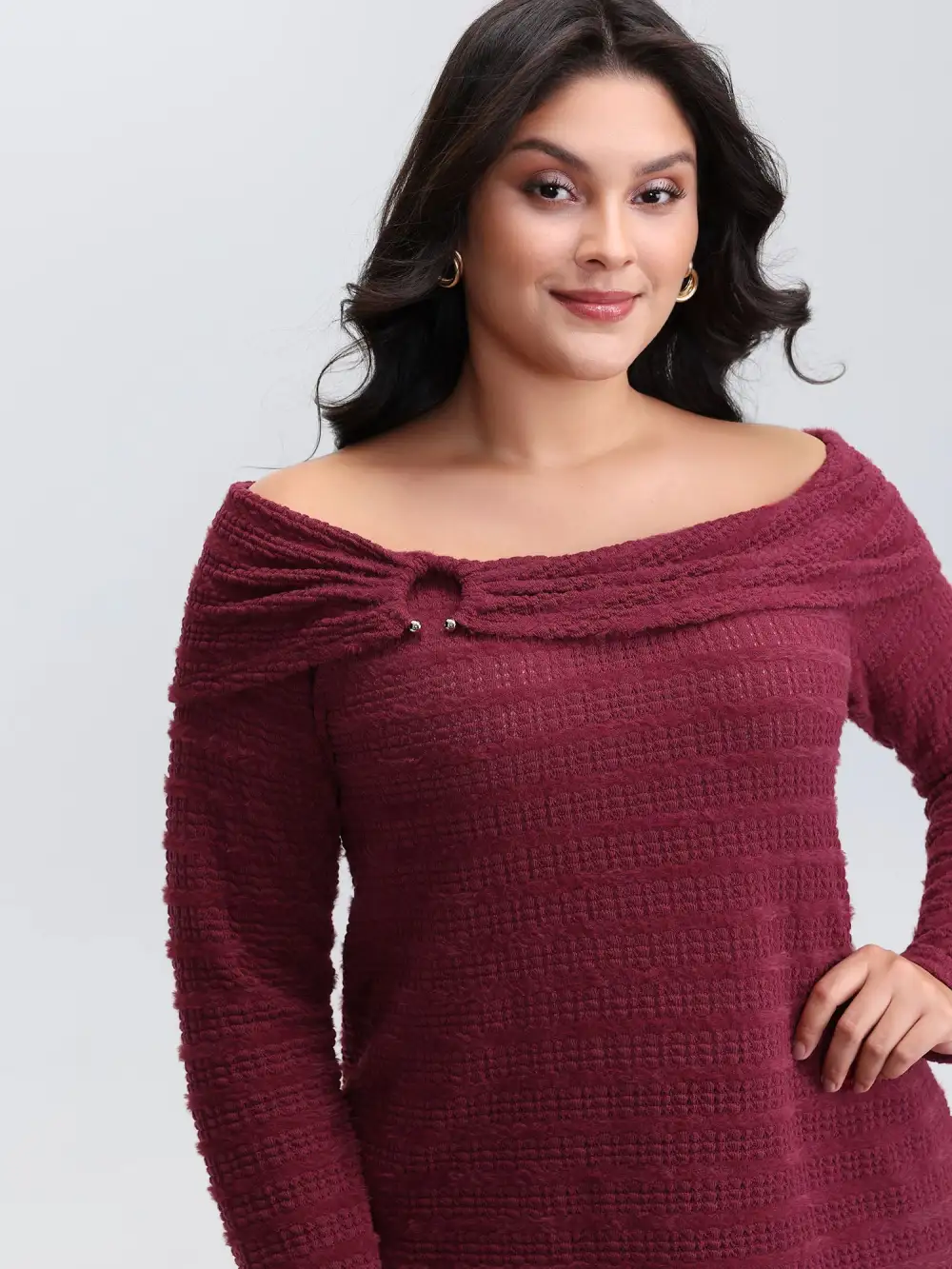 Furry Textured Off-Shoulder Knit Top