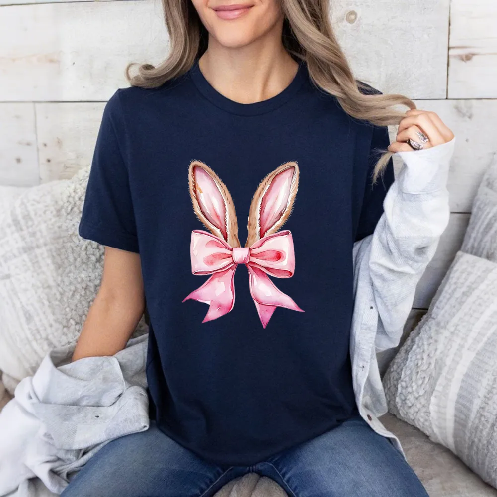 A Cartoon Pink Bunny Ears And Pink Bow Combination Pattern, Cute, Casual T-Shirt