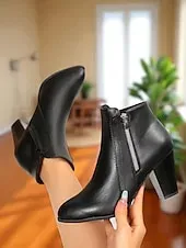 Women's Brown Faux Leather Ankle Boots with Zipper Closure and Block Heel - Stylish Western Fall Footwear for Daily and Casual Outfits