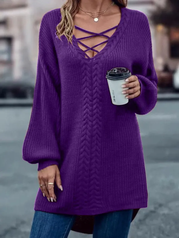 Cotton Crisscross Drop Shoulder Curved Hem Sweater