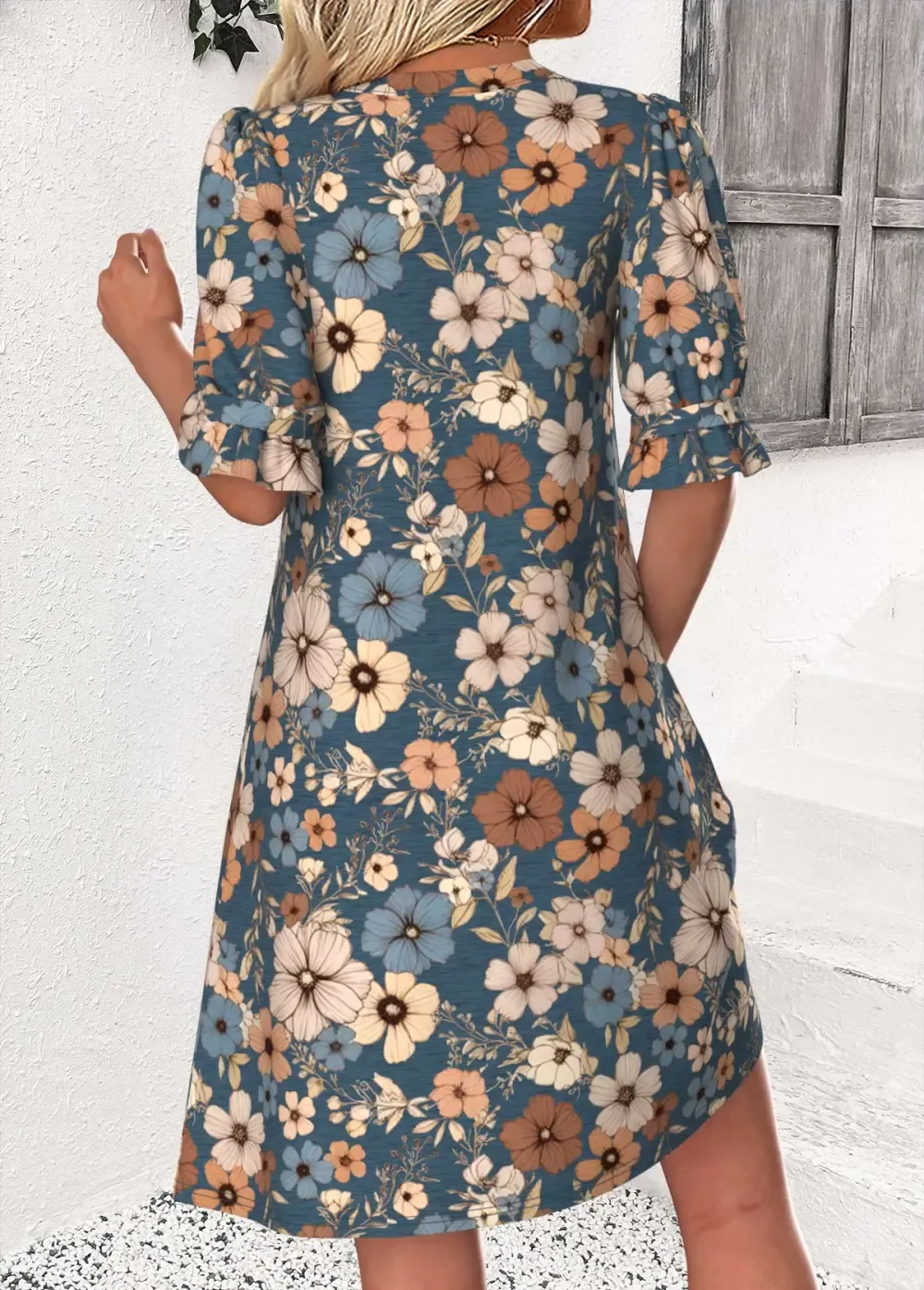 Multi Color Floral Print Half Sleeve Split Neck Dress