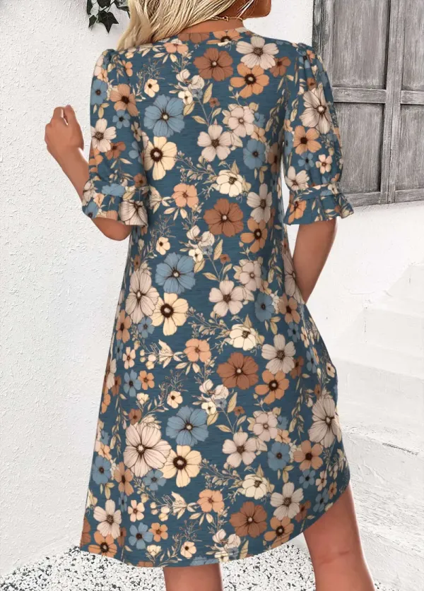 Multi Color Floral Print Half Sleeve Split Neck Dress