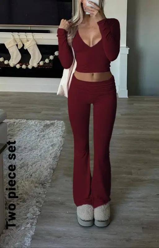 Fall/Winter Elegant 2-Piece Set: Slim-Fit V-Neck Long Sleeve Crop Top & Plain Pants