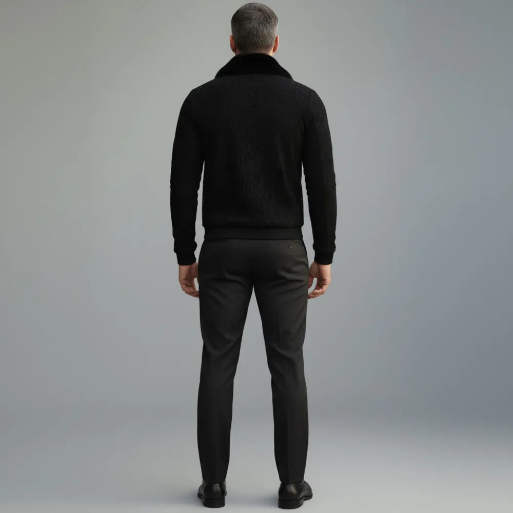 Men's Black Lace Furry Collar Long Sleeve Zip-Up Jacket