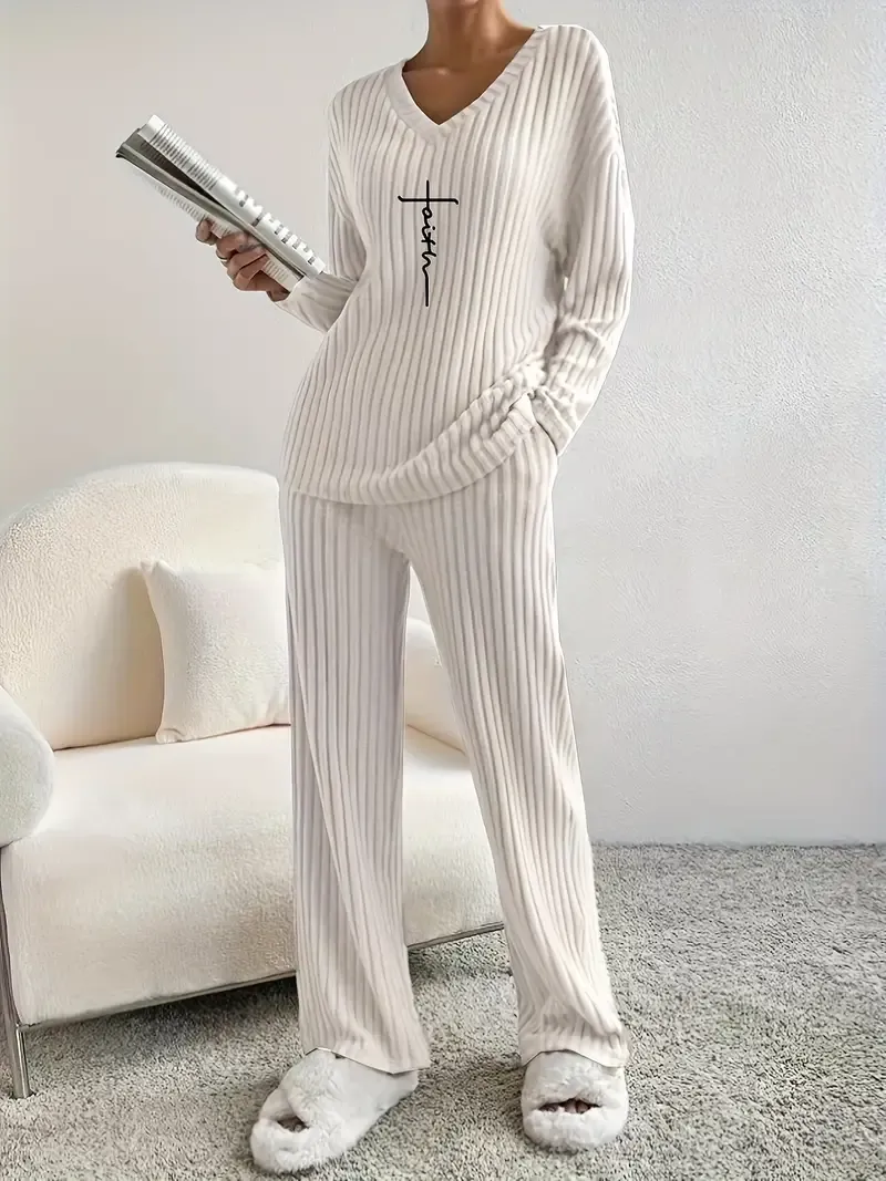Women's Faith-Inspired Ribbed Two-Piece Set - V Neck Long Sleeve Top & Comfy Pants - Chic Spring & Fall Casual Outfits