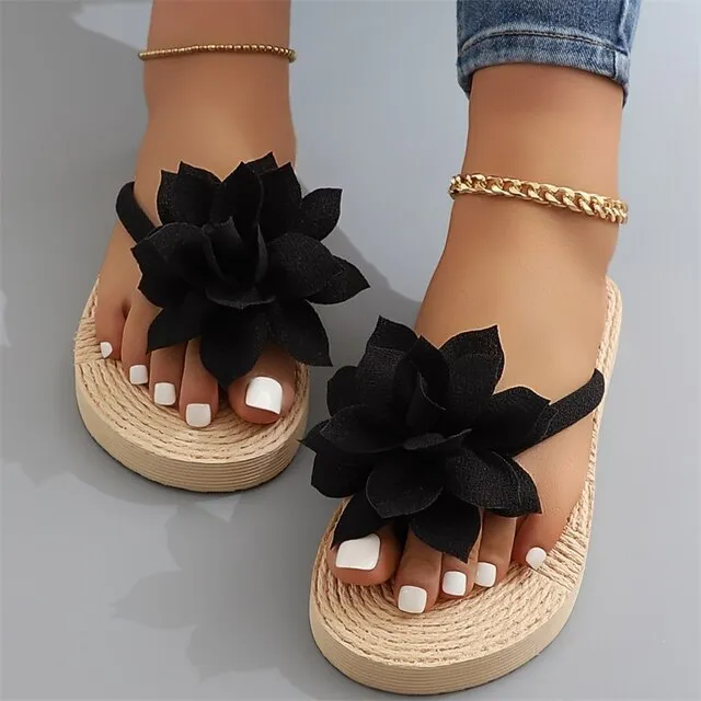 Women's Slippers Boho Bohemia Beach Outdoor Slippers Beach Slippers Outdoor Beach Solid Color Flower Flat Heel Elegant Casual PVC Loafer Black Pink Green