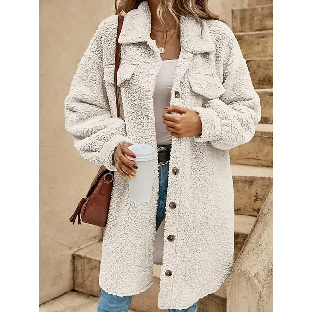 Women's Sherpa Jacket Comfortable Breathable Pocket Buttons Casual Plain Vacation Street Casual Daily Wear Single Breasted Long Turndown Loose Fit Long Sleeve Outerwear Black White Red Spring Fall