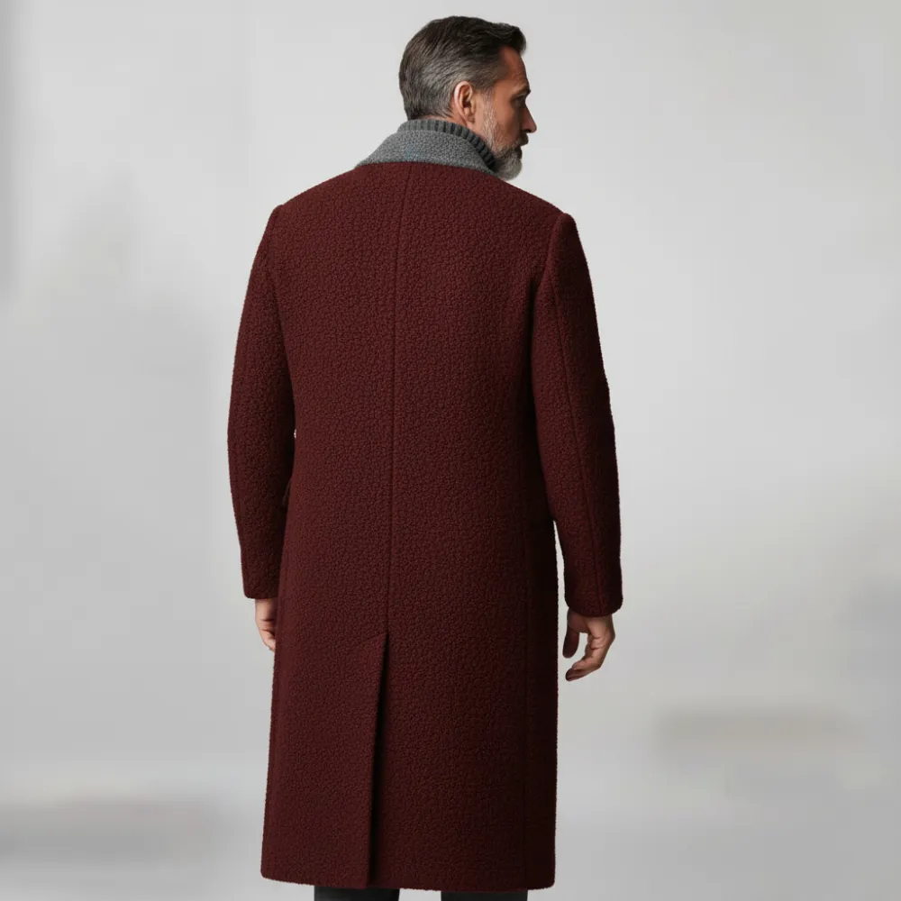 Men's Burgundy Two Tone Lapel Collar Double Breasted Long Sleeve Textured Overcoat