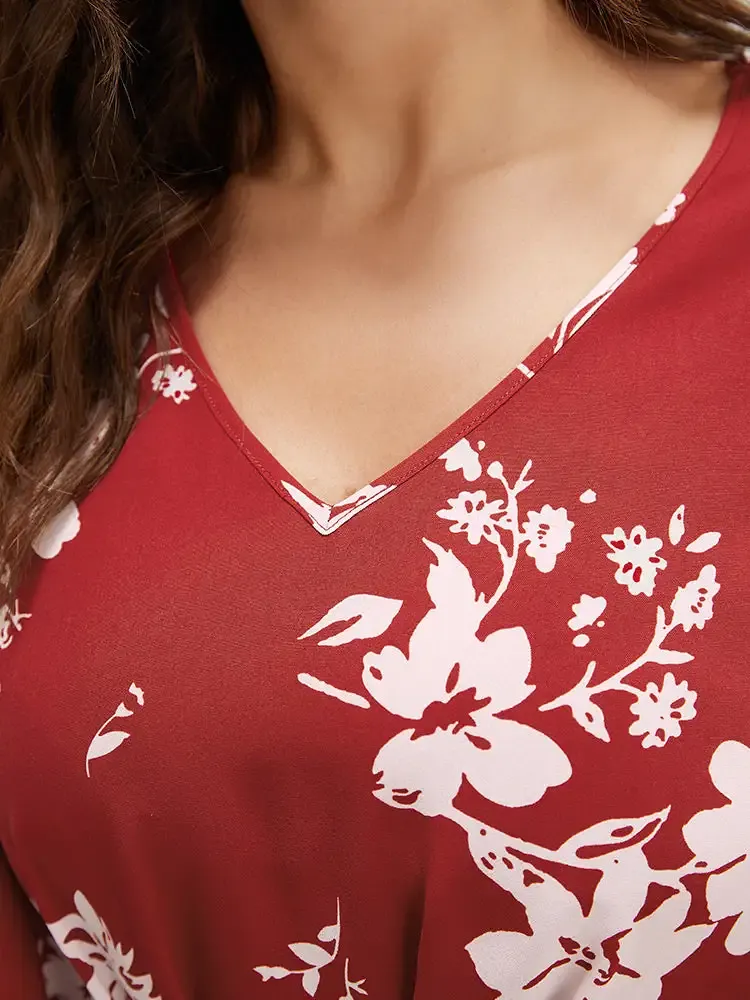 Floral Printed Plicated Detail Flutter Sleeve Blouse